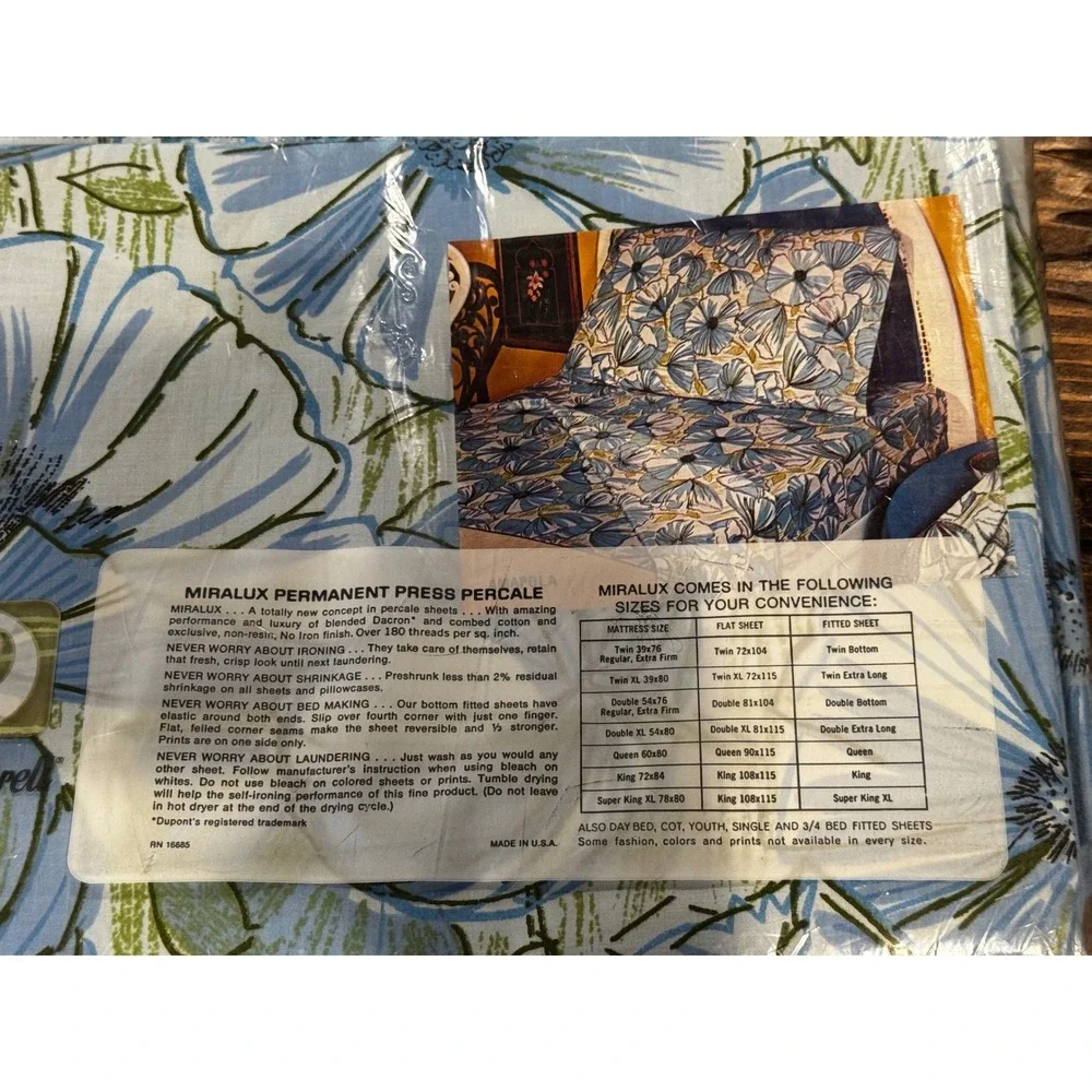 Lady Pepperell Flat Sheet Twin Blue Floral NOS Vintage Percale MCM 72x104
